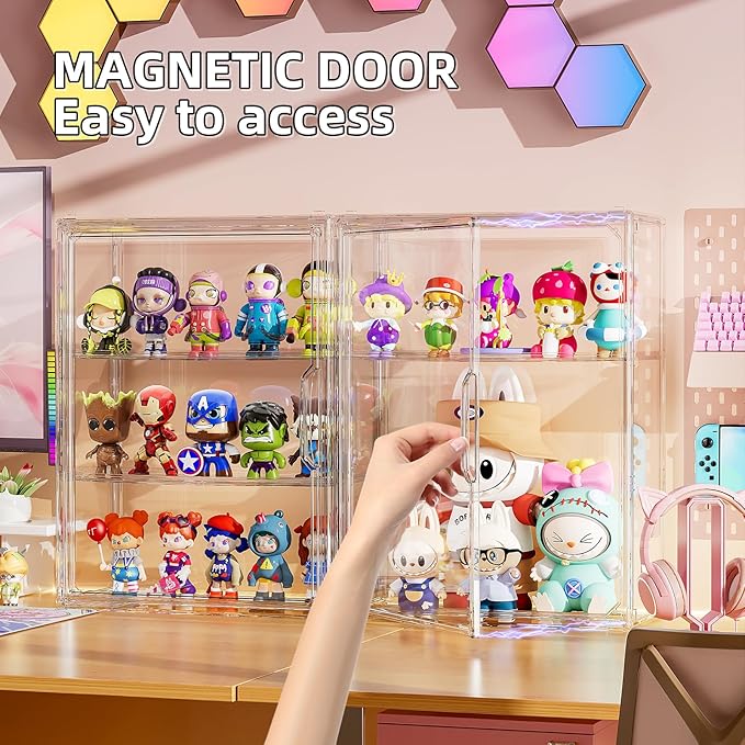 3 Tiers Clear Display Case for Figures Collectibles 2 Pack Wall Mounted Hobby Figurine Display Case, Display Box for Action Figures, Car Model, Funko