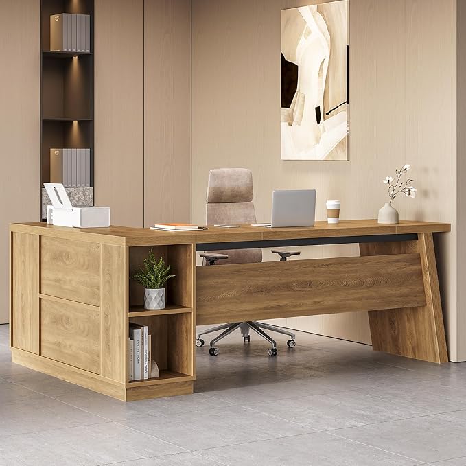 LITTLE TREE 78-Inch L-Shaped Executive Desk, Modern Desk with Drawers & File Cabinet, Large Walnut Office Workstation with Storage Shelves for Home Office