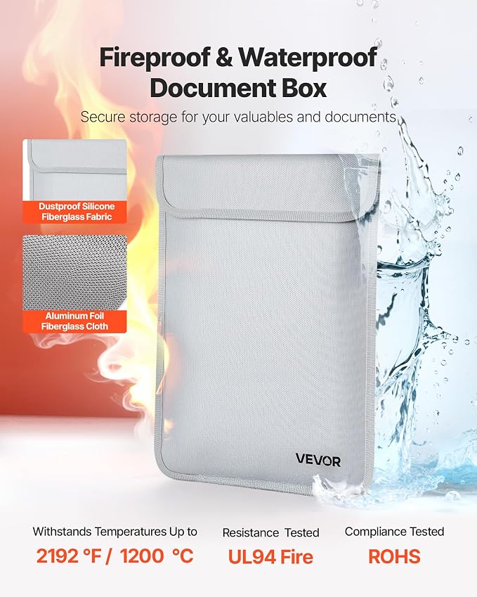 VEVOR Fireproof Document Bag, 2192 ℉ Heat Insulated Fireproof & Waterproof Bag with Smooth Zipper, Portable File Storage Organizer Home Office Travel Use, for Passports, Important Documents, Files