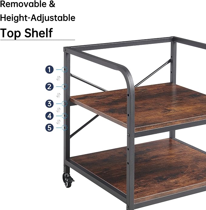 Fannova Large Size Under Desk Printer Stand, Height Adjustable Top Shelf | Table Top 20"x20", Fits 3D/Laser Printer, Heavy Duty Industrial Wheels, 2 Tier Rolling Cart Home Office Storage, Rustic Brown