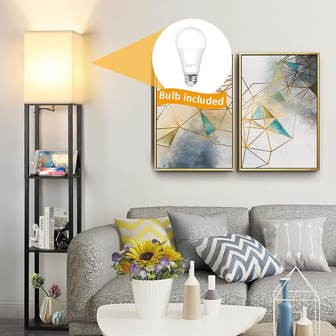 LED Shelf Floor Lamp with USB Charging Ports，Type C Port & Power Outlet, 3 Way Dimmable Touch Control Modern Standing Lamps with Shelves for Bedroom, Living Room | 3-Tier Modern Square Bookshelf Lamp, Corner Standing Light with Power Outlet Dimmable LE...