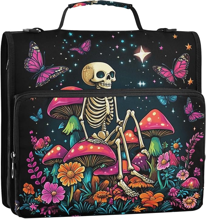 MNSRUU 3 Ring Binder Bag, 2 Inch D-Rings Easily Organizes 1 Inch Fits Letter Sized Paper, Skeleton Sitting on Mushrooms with Butterflies Large 3 Hole Zipper Binder Organizer for School Office Suppli