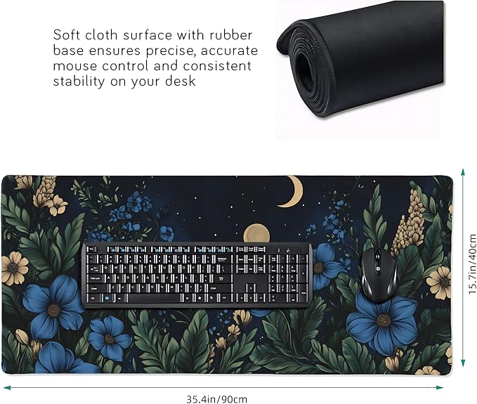 Floral Aesthetic Cosmos Gaming Mouse Pad, Black Blue Vintage Botanical Desk Mat with Anti-Slip Base & Stitched Edges,35.4" x 15.7" in Table Mat for Computer Desktop, Beautiful Workstation Decor