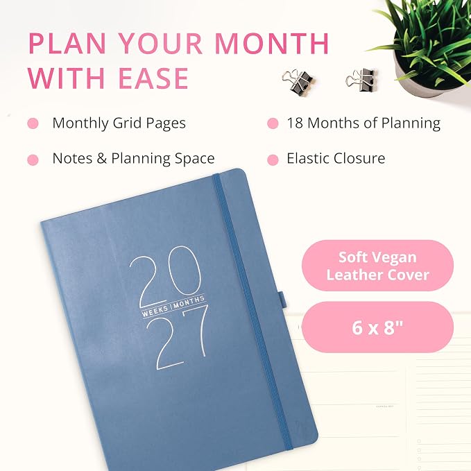 Graphique Apollo Blue 18 Month Planner, July 2026 – Dec. 2027, Hardbound Vegan Leather Planner with Monthly Tabs, Holidays & Reminder Stickers, 8” x 10”