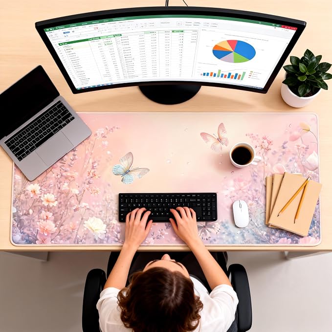 Cute Floral Aesthetic Wildflower Gaming Mouse Pad, Pink Macaron Desk Mat with Anti-Slip Base & Stitched Edges,35.4" x 15.7" in Desk Accessories for Women, Home Office Decor & Artistic Gift