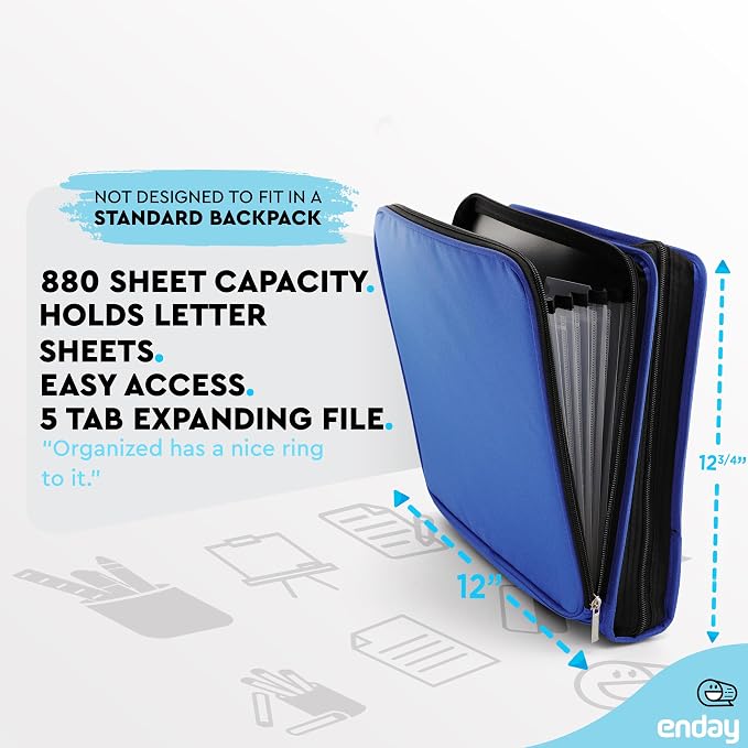 Enday 2 Inch Zipper Binder - 880 Sheet Capacity, 5 Pockets, Expanding File Folder with Durable Handle, Multiple Pockets School Binder Organizer, Blue