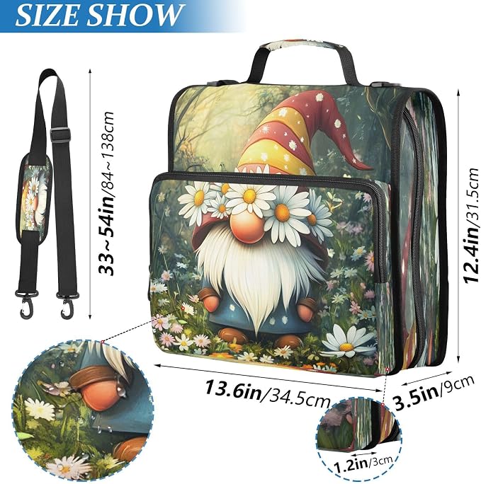 ALAZA Zipper Binder 3 Ring Cute Gnome Daisy Binder Organizer with Zipper and Shoulder Strap Large Capacity Multi-Pocket Trapper Keeper File Folder for Office Supplies