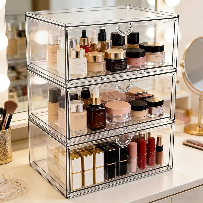 Prsildan Acrylic Makeup Organizer, 3 Pack Stackable Clear Storage Drawers for Baby Bottles Desk Organizers with 3 Drawers for Countertop Vanity Nursery Modular System for Cosmetics Jewelry