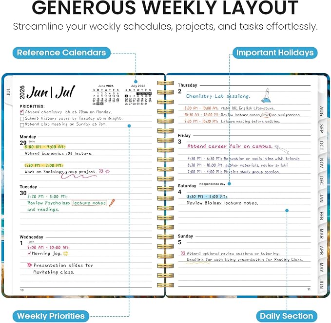 Planner 2026-2027, Monthly & Weekly Jul 2026-Jun 2027 Calendar Book | 6.3" x 8.5", Hardcover Spiral Planner with Tabs, School & Daily Pretty Agenda for Women, Students, Teachers, Coastal Breeze