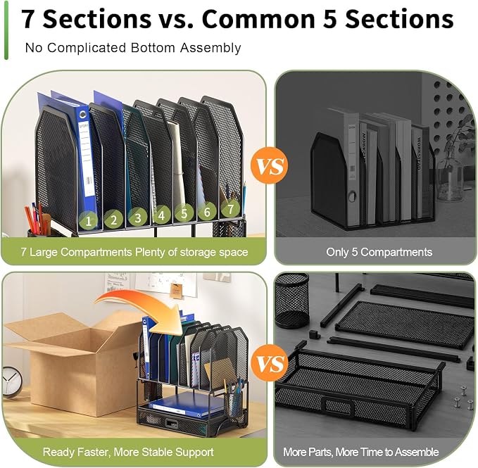 FANXIYQ Metal Desk Organizer with Sliding Drawer, 7-Section File Organizer for Desk, Desktop File Folder & Paper Organizer with 2 Hanging Pen Holders, Office Supplies Organizer, Black