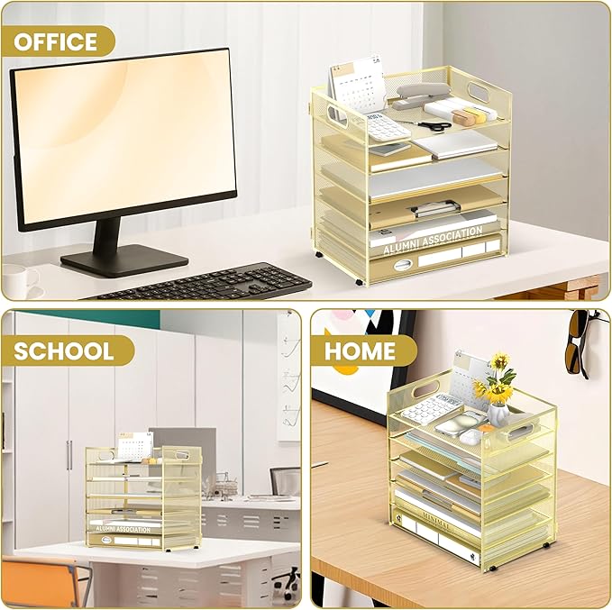 Daltack 6-Tier Paper Organizer for Desk with Handle, Gold, 2 Pack | Sturdy Metal Mesh Organizer with Movable Middle Trays and a Carry Handle for Papers, Folders and Office Supplies