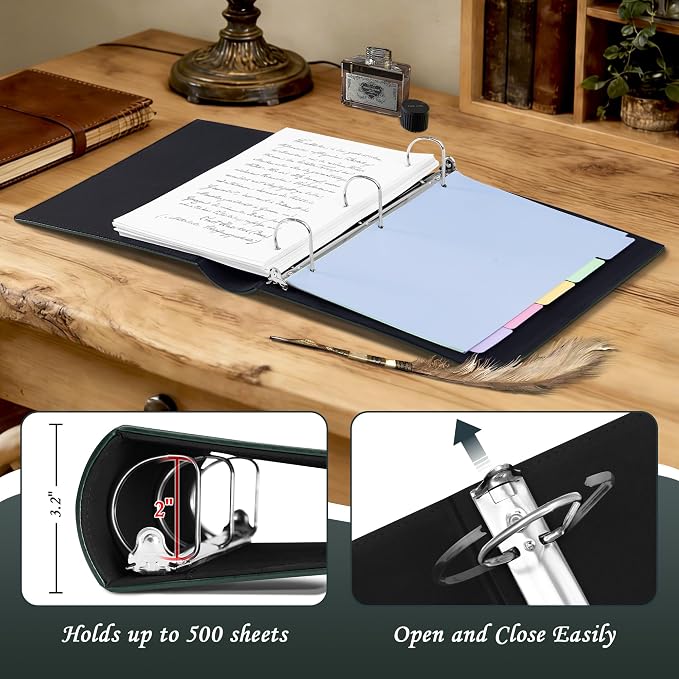 Ospelelf Vintage 3 Ring Binder 2 Inch, Leather D Ring Binder with Pockets and 5 Tab Dividers, Hardback Book Style Document Organizer Fits Letter Size for Home and Office Green