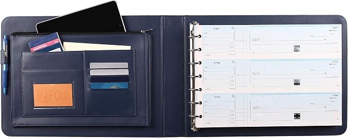 2Fold Business Check Binder 7 Ring for 3-Up Business Size Checks with Extra Business Card Case - PU Leather Deluxe 7 Ring Checkbook Binder Portfolio with 600 Check Capacity and Storage