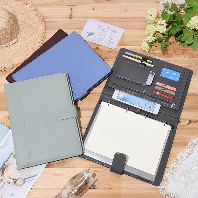 Wonderpool A4 PU Leather 3 & 4 Ring Holder Writing Portfolio Multi Document Case with Removable Binder Clipboard and Functional Pocket for Organizer Office Travel School (Grey)