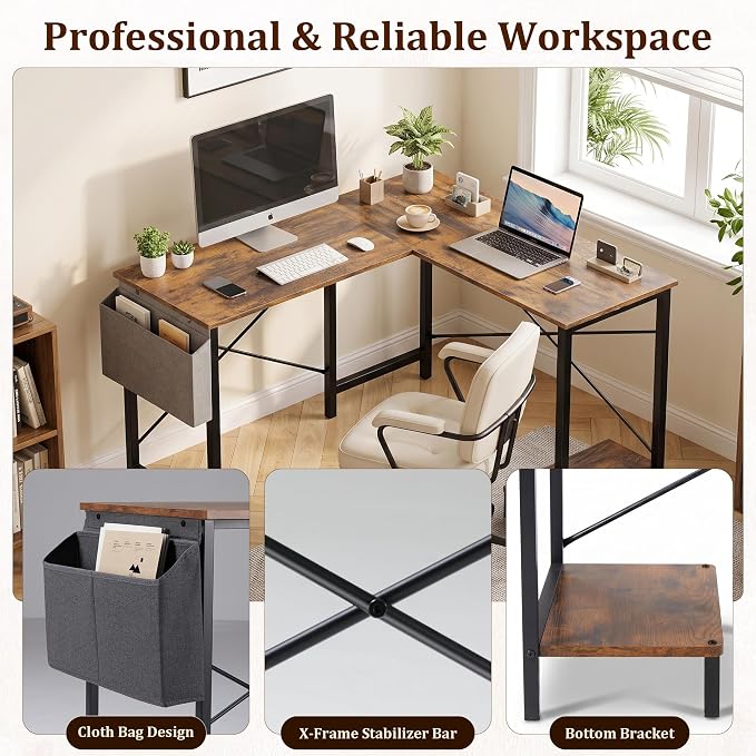 Alpen Corner Desk, 50 Inch L Shaped Gaming Desk with Storage Pocket and CPU Stand, Work Desk for Home Office, Small Corner Study Writing Table with Sturdy Metal Frame, Rustic Brown