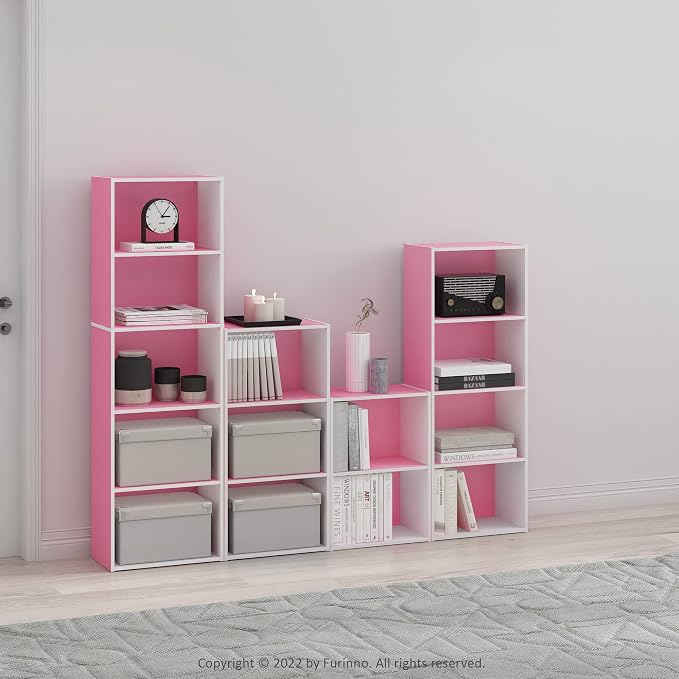 Furinno LUDER 2-Tier Book Shelf, Open Shelves Bookshelf, Pink/White | 9 x 16 x 21, Closed Back, Modern Bookcase, for Living Room, Bedroom, Home Office
