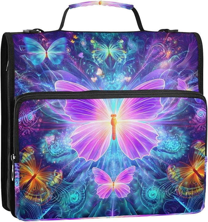 3 Ring Zipper Binder with Shoulder Strap Purple Butterflies 1.5 inch Binders Keeper Large Capacity Multi Pockets for School Office Supplies