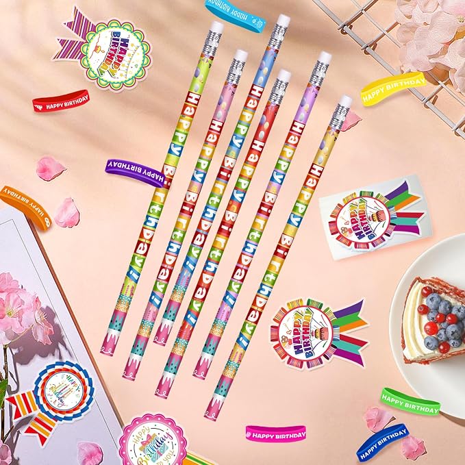 296 Pcs Birthday Pencils Set: 48 Happy Birthday Pencils, 48 Wristbands, 200 Badge Stickers for Teacher, Classroom, Party Supply