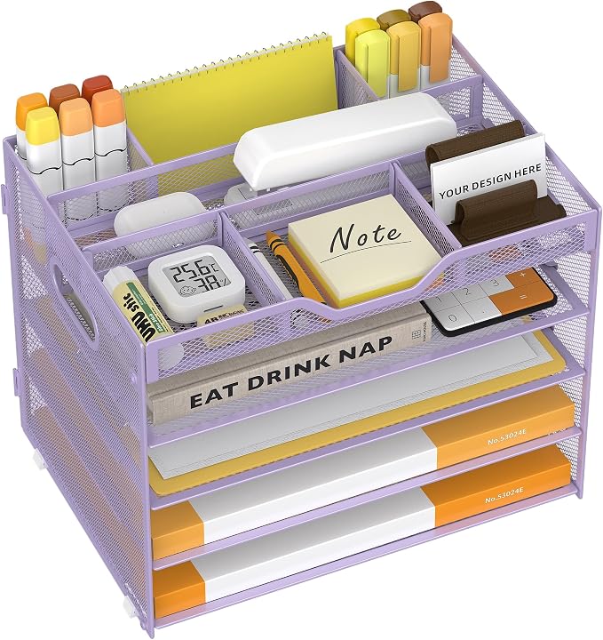 5 Tier Paper Letter Tray Desk Organizer with Pen Holders - Purple | Features 3 pen holders and 4 removable dividers.Versatile mesh desktop storage for mail, document,office supplie