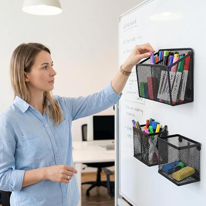 Neudeco Magnetic Locker Organizer, Set of 3, Black | Mesh Pencil Holder & Storage Basket, For Locker, Whiteboard & Refrigerator, Strong Magnet, School Supply Organizer