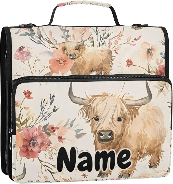 Custom Cute Highland Cows Flowers 3 Ring Binder Bag 1.5 inch Personalized Name Binder Organizer 500 Sheet Documents Storage for School Office