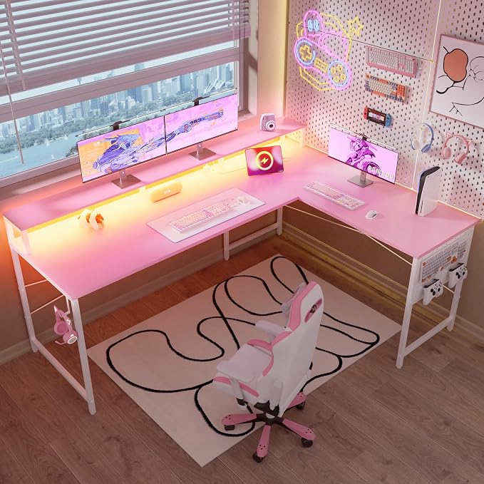 Pamray 64 Inch L Shaped Gaming Desk with Monitor Stand and Power Outlets | Large Corner Computer Desk With Pegboard & Led Lights USB Charging Ports for Home Office Study and Writing Bedroom and Dorms