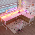 Pamray 64 Inch L Shaped Gaming Desk with Monitor Stand and Power Outlets | Large Corner Computer Desk With Pegboard & Led Lights USB Charging Ports for Home Office Study and Writing Bedroom and Dorms