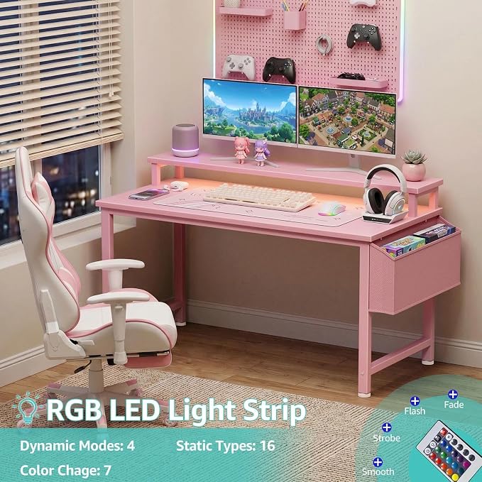 Lufeiya Girls Desk with Power Outlets and LED Lights, 40 Inch Gaming Desk Table with Charging Station, Home Office Computer Desks with Monitor, Pink