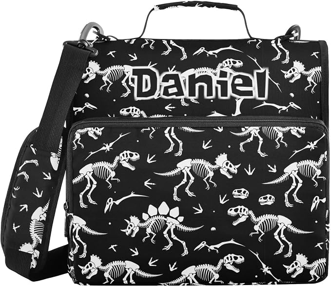 Custom Dinosaur Skull Black Pattern 3 Ring Zipper Binder with Shoulder Strap & Handle 1.5 Inch D-Ring Zippered Bag with Multiple Pocket, Personalized Binder Organizer for School or Office