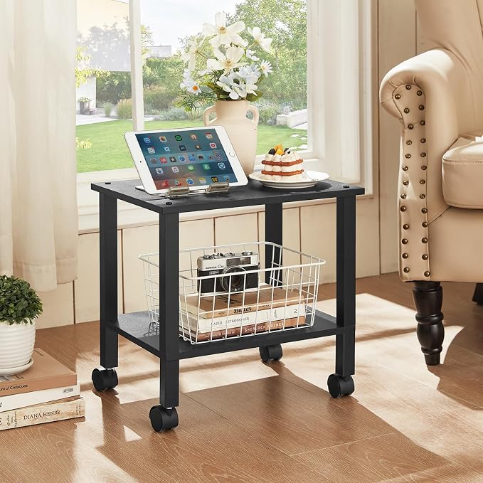 YUFAM 2 Tier Under Desk Printer Stand with Storage, Black | Wooden Small Printer Table for Home Office, Rolling Printer Cart Shelf with Lockable Wheels