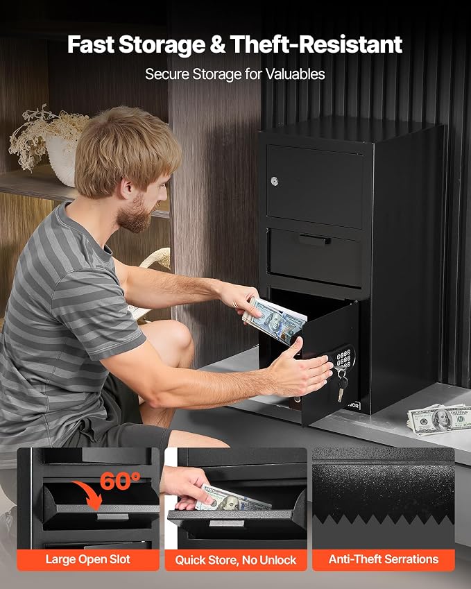 VEVOR 3.6 Cubic Feet Drop Safe, Large Capacity Front Drop Slot Safe Box with Digital Keypad, Heavy Duty 3 Tiers Cash Depository Box with Spare Keys for Cash, Bank Slip, Jewelry, Document, Bill, Black