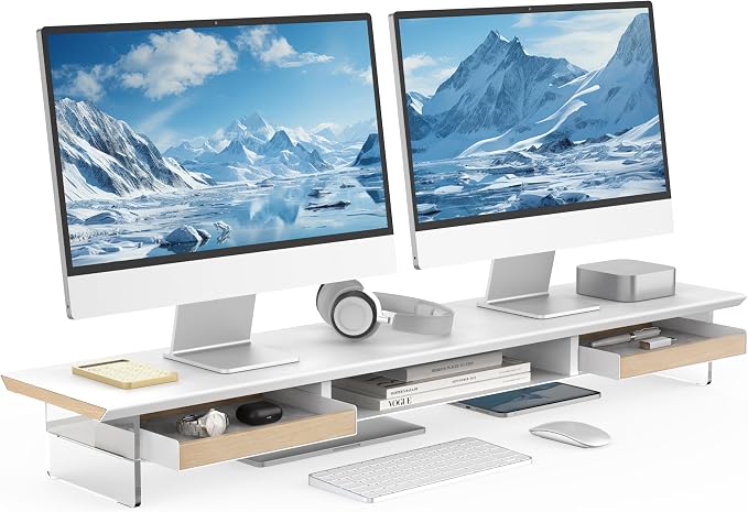 Fenge 42.5-Inch Monitor Stand with 2 Flexible Drawers, White | Metal Shelf, Solid Wood Accents, Clear Acrylic Legs, Modern Desktop Organizer for Dual Monitors, Laptop & Printer