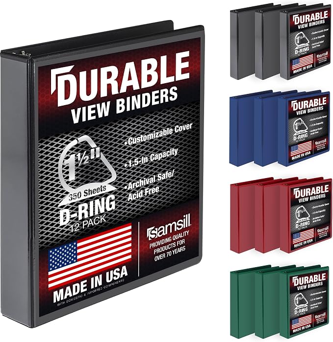 Samsill Durable 1.5 inch 3 Ring Binder, D Ring Binder, 100% Recycled Chipboard, Basic Assortment, 12 Pack
