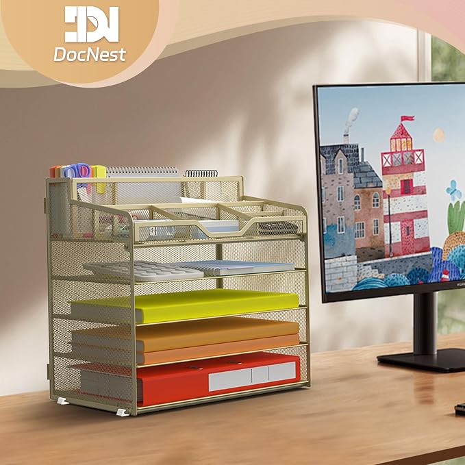 Docnest 5 Tier Mesh Desk Organizer with Letter Tray & Paper Sorter, Gold | Features 3 built-in pen holders & 5 adjustable compartments on top. Includes 4 non-slip rubber feet for desk protection