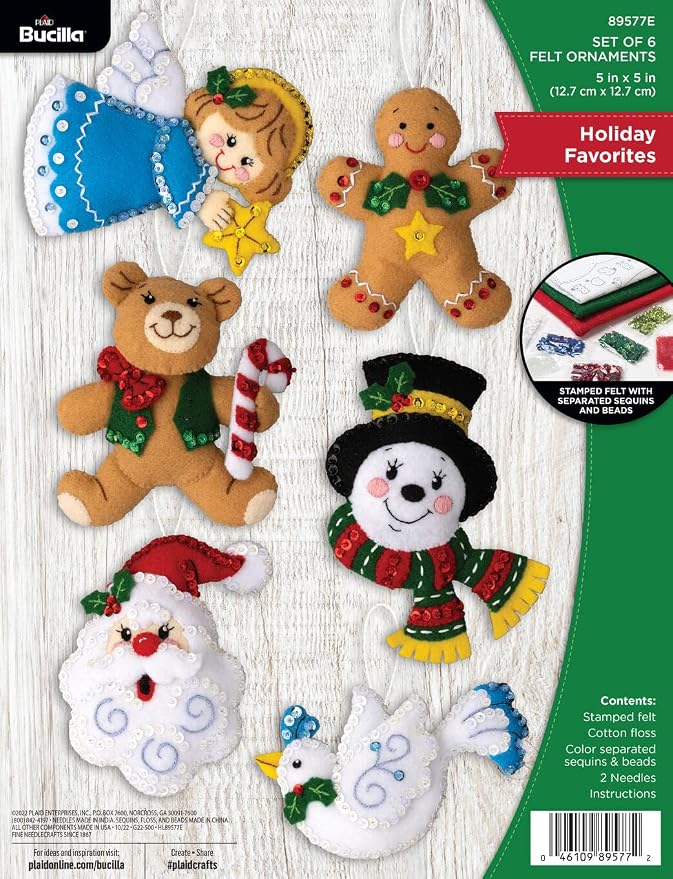 Bucilla Felt Applique 6 Piece Ornament Making Kit, Holiday Favorites, Perfect for DIY Arts and Crafts, 89577E