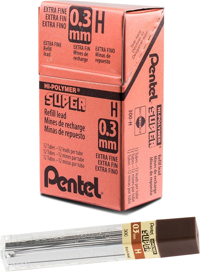 Pentel Super Hi-Polymer Lead, 0.3mm, Extra Fine, H, 12 Piece/tube, Box of 12 (300-H)