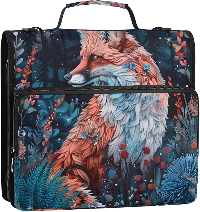 MNSRUU 3 Ring Binder Bag, 2 Inch D-Rings Easily Organizes 1 Inch Fits Letter Sized Paper, Beautiful Fox Large 3 Hole Zipper Binder Organizer for School Office Supplies