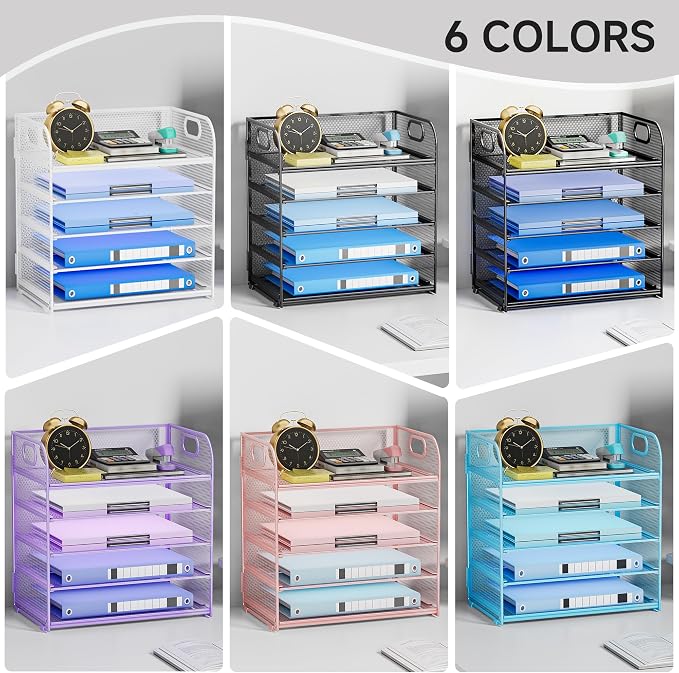 5-Tier Stackable Paper Organizer with Handle, White | Metal Mesh Desk Organizer Letter Tray, Office Storage & Organization for Home, School & Workplace
