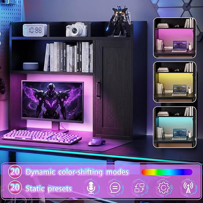 Desktop Storage Shelf, 37.4" Computer Desk Organizer 3-Tier Wood | Desktop Storage Shelf Desk Hutch Dorm with RGB LED Light & Power Outlets for PC Gamers, Office, College Dorm Must Haves-Black