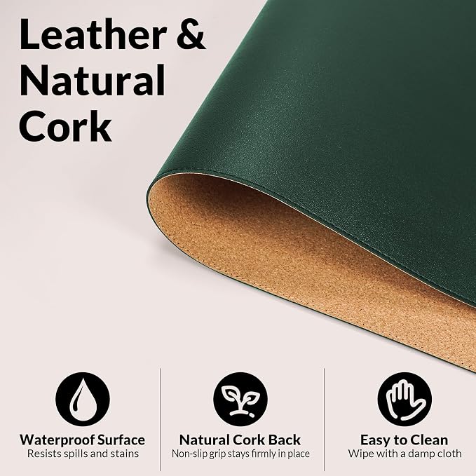 AFIING Cork Desk Mat, Dark Green, 35.4" x 17",Desk pad Protector | Dual-Sided Cork & PU Leather, Large Mouse Pad, Non-Slip & Waterproof