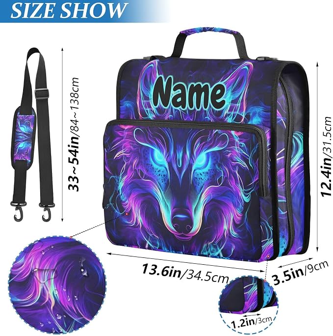 Custom Mystical Wolf Face 3 Ring Binder Bag 1.5 inch Personalized Name Binder Organizer 500 Sheet Documents Storage for School Office