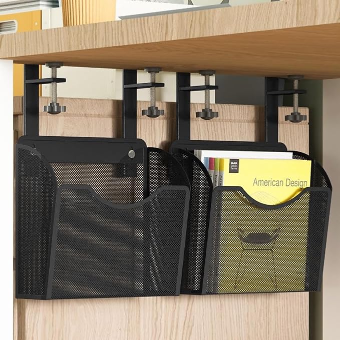 INLDY Under Desk Drawer, Desk Side Storage, Hanging Desks Organizer, Clamp On Mesh Metal Desks Organizer for Office and Home (Black)
