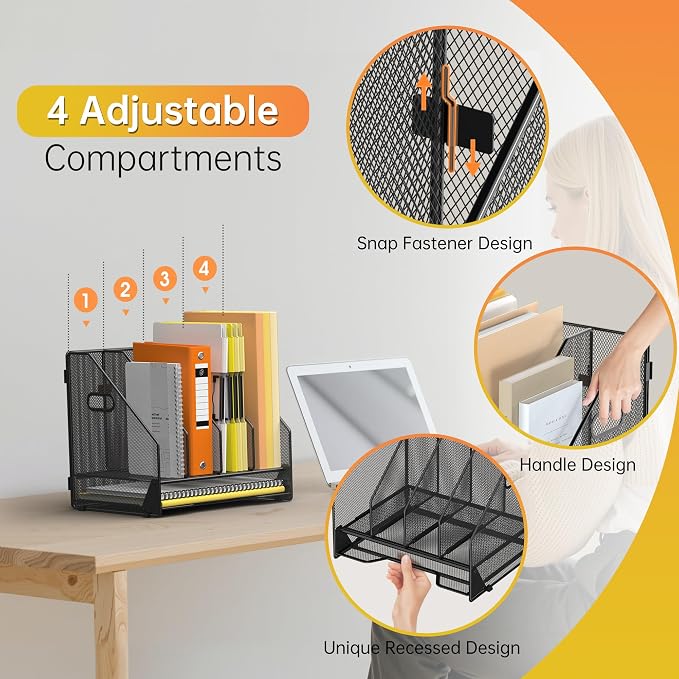 Docnest Mesh Desk File Organizer, 4 Vertical Compartment Box Sorter, Black | Features 3 removable middle dividers for custom spacing and a bottom letter tray to hold paper, mail, and documents