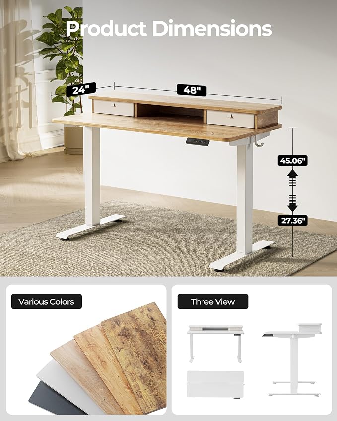 48x24 Inch Electric Standing Desk with Double Drawers, Adjustable Feet & Hooks, Ergonomic Home Office Workstation, Maple