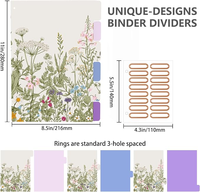 3 Ring Binder 2 Inch, Cute Round Ring Binders with 6 Tab Dividers & Label Stickers, Low Profile Clipboard with Storage, Fashion Aesthetic Binder School Office Supplies (Garden Flowers)