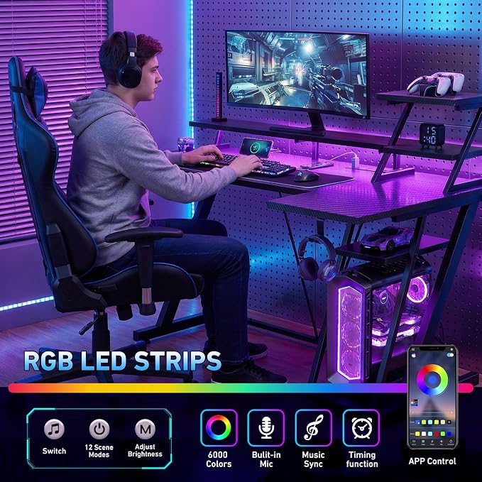 Korfile 55 Inch Gaming Desk with Power Outlet, LED, Monitor Stand, Black | Gaming Computer Desk, L Shaped Gamer Workstations, Storage Shelves, for Bedroom & Gaming room