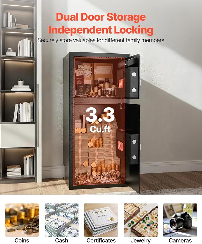 VEVOR Double Door Safe Box, 3.3 Cu. Ft, Heavy Duty Home Safe with Electronic Keypad, Anti-Theft, Digital Safety Lock Box with Key, Drop Slot, for Money, Firearm, Jewelry, Document, Valuables, Black