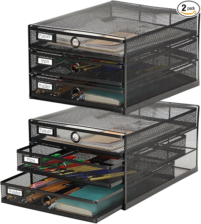 Zhanmai 2 Pack Black Desk Organizer with Drawer Total Wire Mesh Storage Tray Multifunctional Paper Sorter File Stand for Home Office Supplies Letter A4 Paper Office Accessories Back to School (3 Tier)