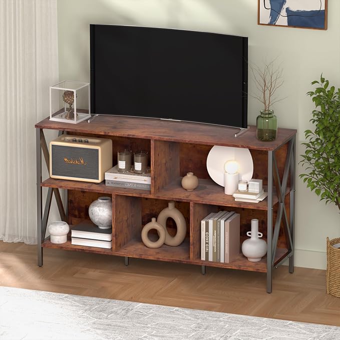 Adompacat 47" 5 Cube Low Bookshelf, Rustic Wood Storage Horizontal Bookcase | 320lbs heavy duty, robot vacuum friendly, 30-min assembly, open cubby storage for home office bedroom living room