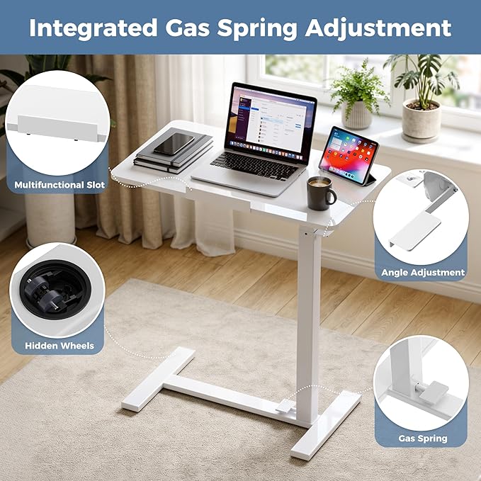 DUMOS Overbed Table with Wheels, Height-Adjustable Bedside Table, White | Rolling standing desk with Pneumatic Lift, Portable mobile desk for Bed, Couch, Office, Sofa